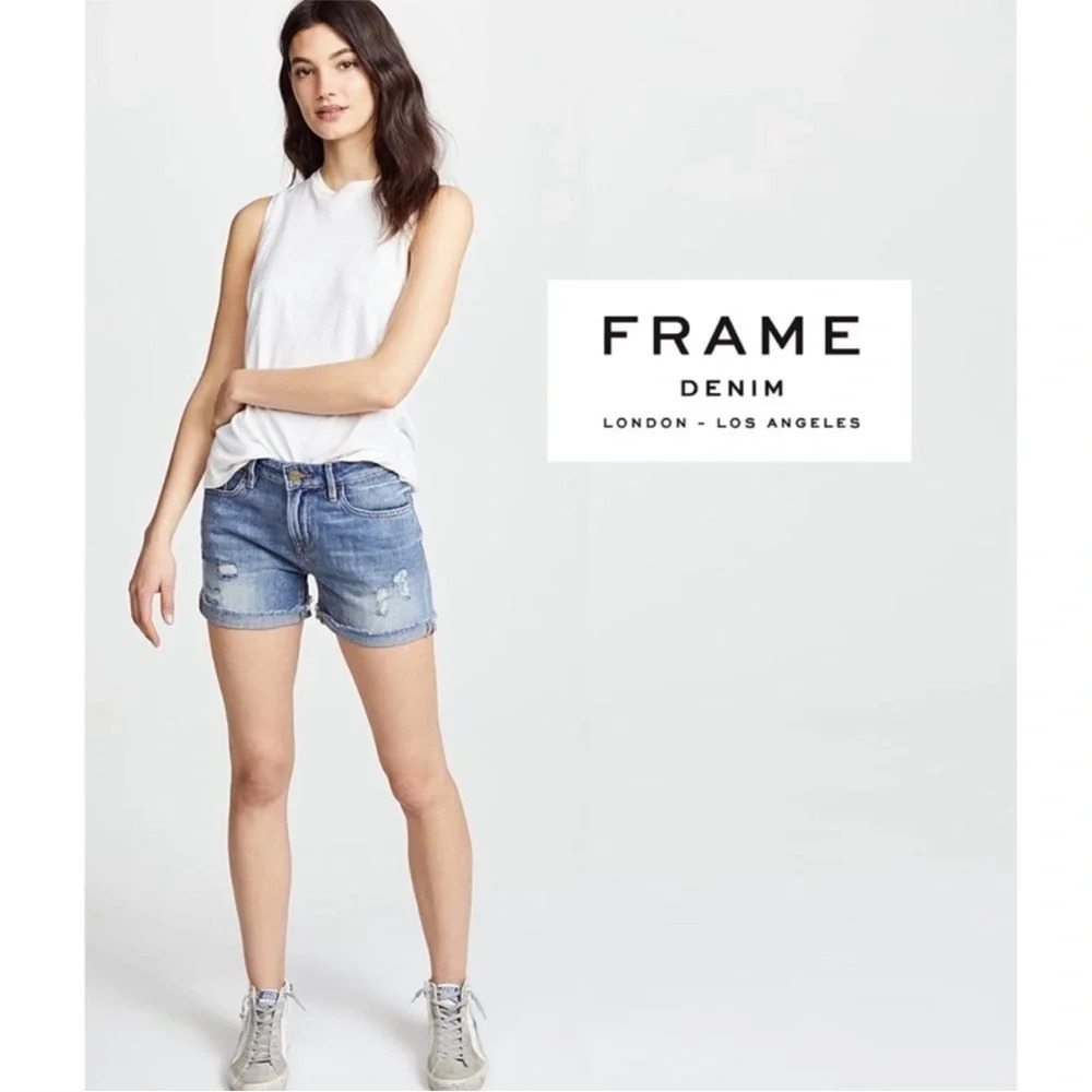 ✨NWT Frame Renton Wash Distressed Le Grand Garcon Denim Jean Shorts Size 24 - Picture 9 of 9